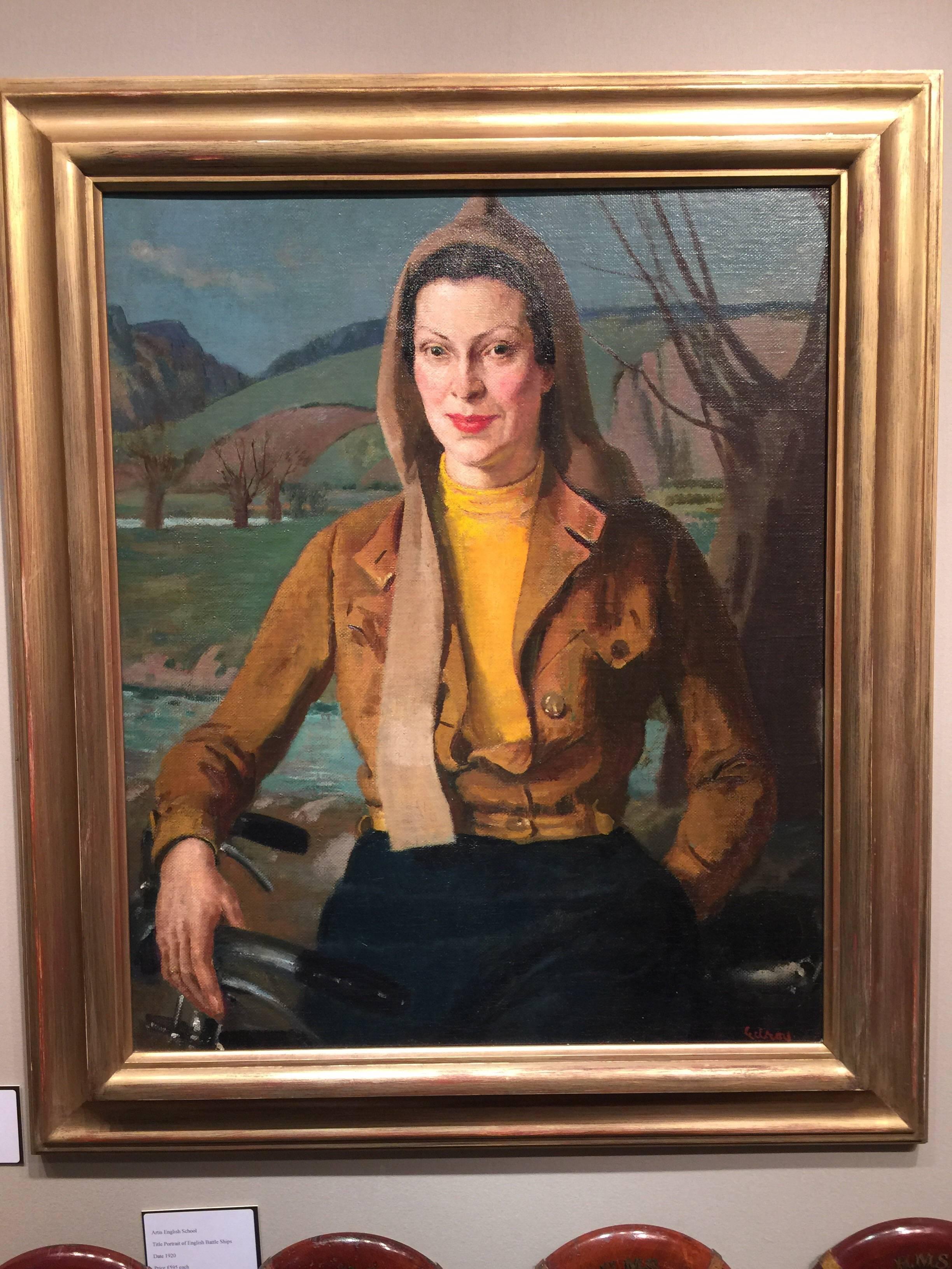 John Gilroy Figurative Painting - English portrait of a lady from the 1930's with a bicycle in a flying jacket