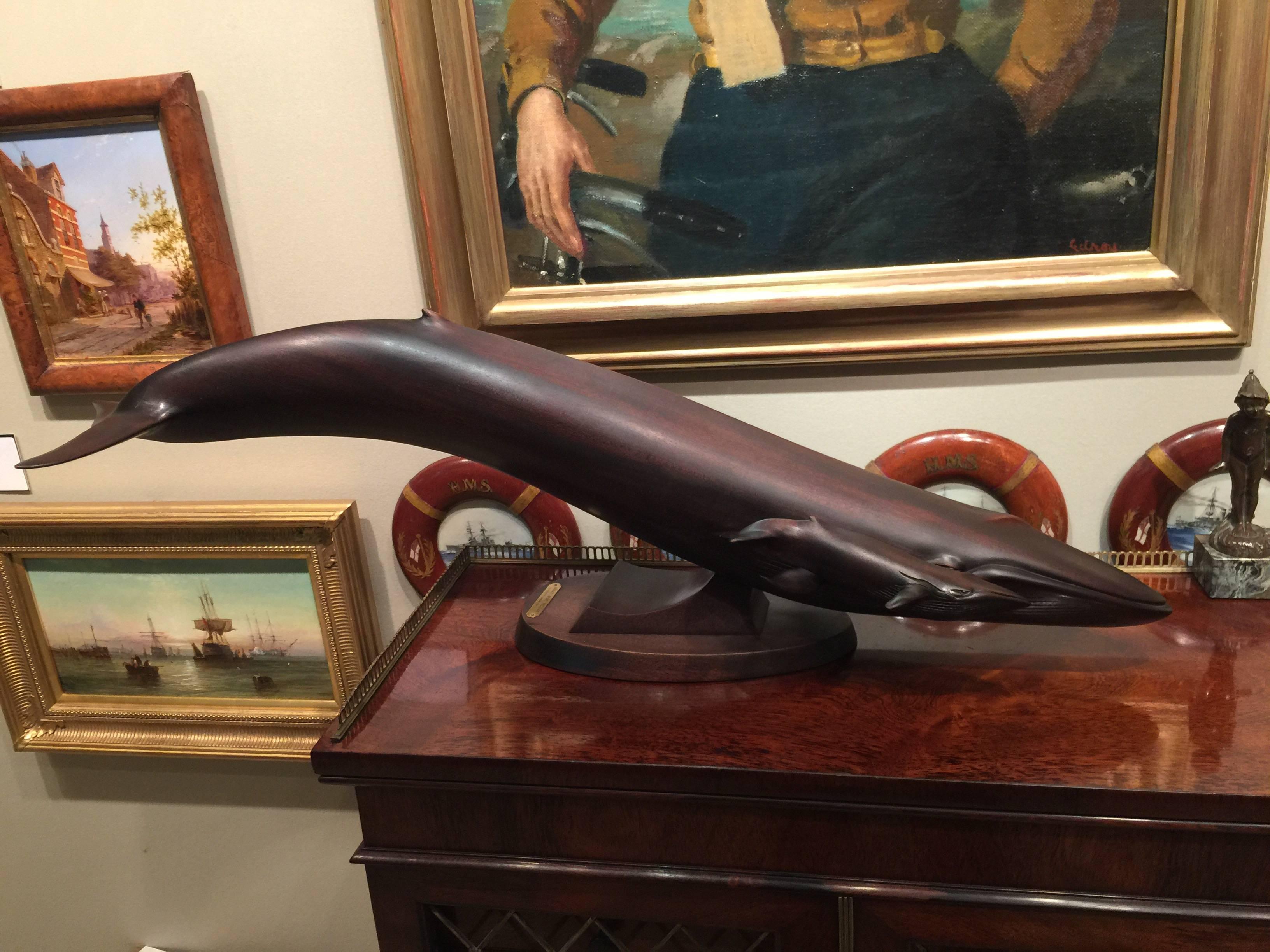 Ron Redden Figurative Sculpture - Three foot long Carved Mahogany sculpture of a Blue Whale and her calf