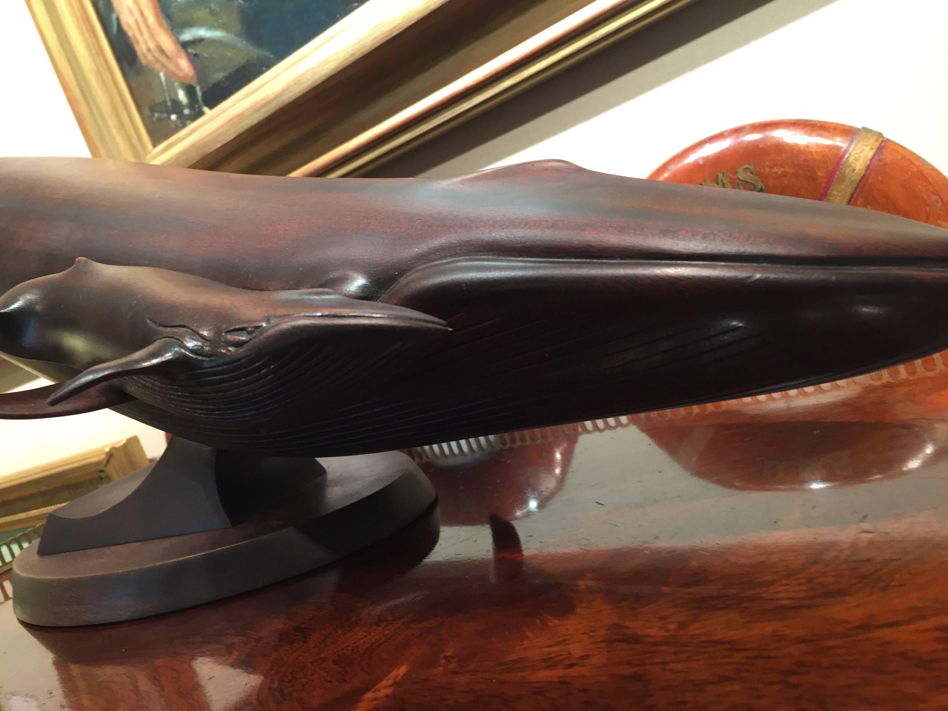 Three foot long Carved Mahogany sculpture of a Blue Whale and her calf - Sculpture by Ron Redden