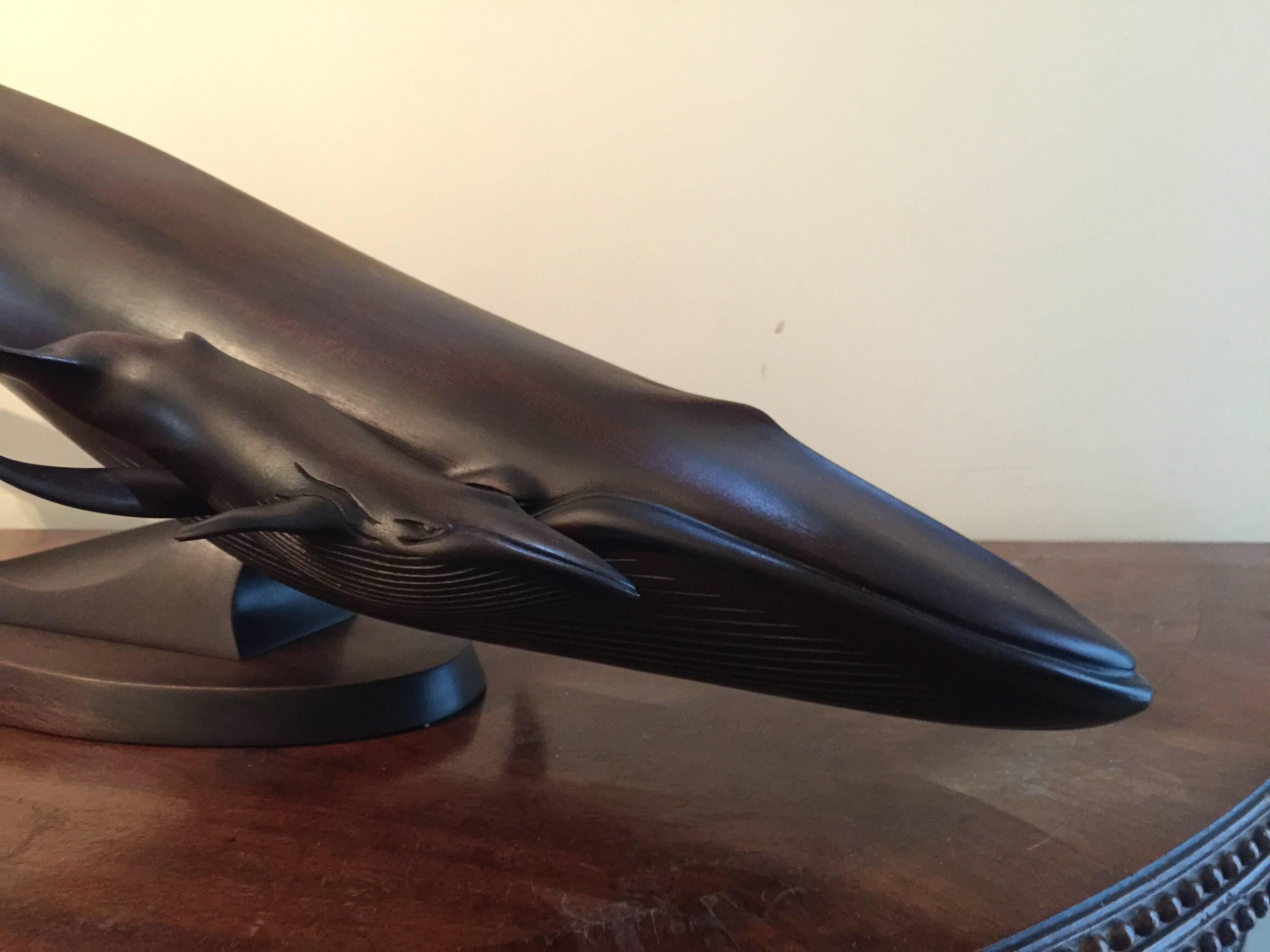 Three foot long Carved Mahogany sculpture of a Blue Whale and her calf - Realist Sculpture by Ron Redden