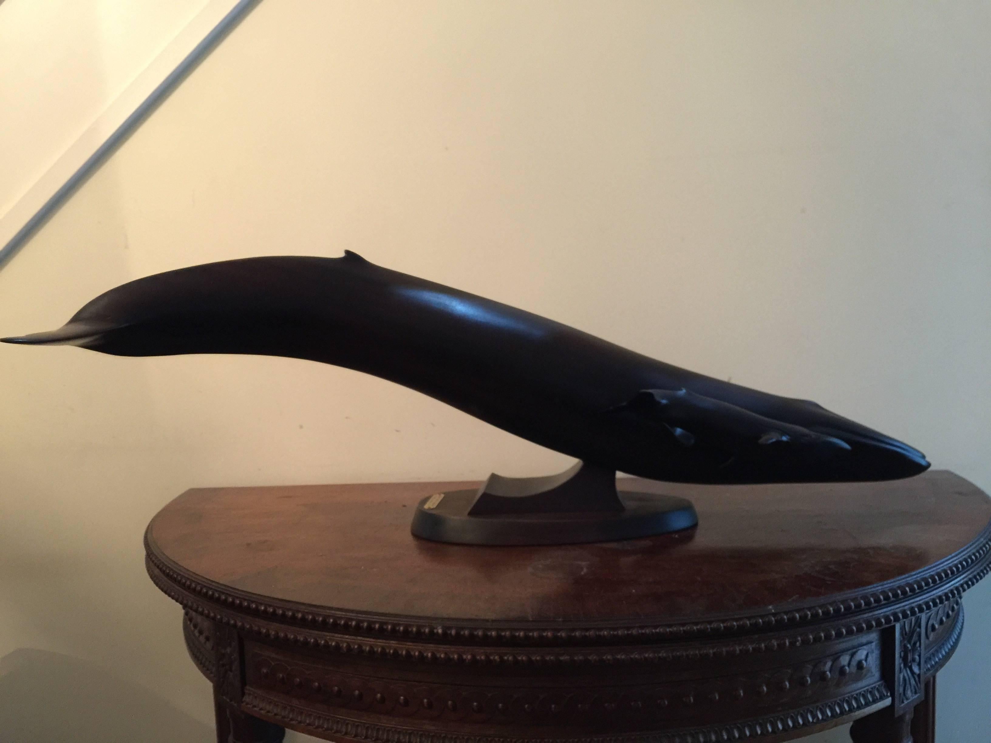 Three foot long Carved Mahogany sculpture of a Blue Whale and her calf - Brown Figurative Sculpture by Ron Redden