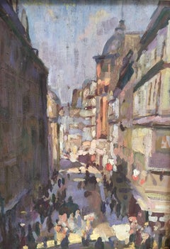 An Impressionist view of a Paris street scene with figures, horses, buildings