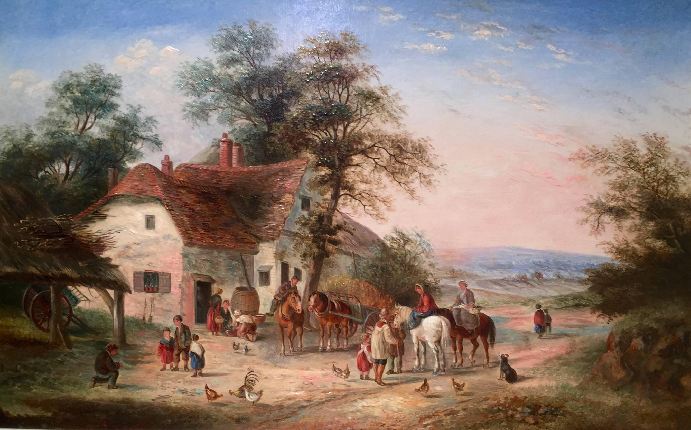English Village life with horses, chickens, dogs and people - Painting by Georgina Lara