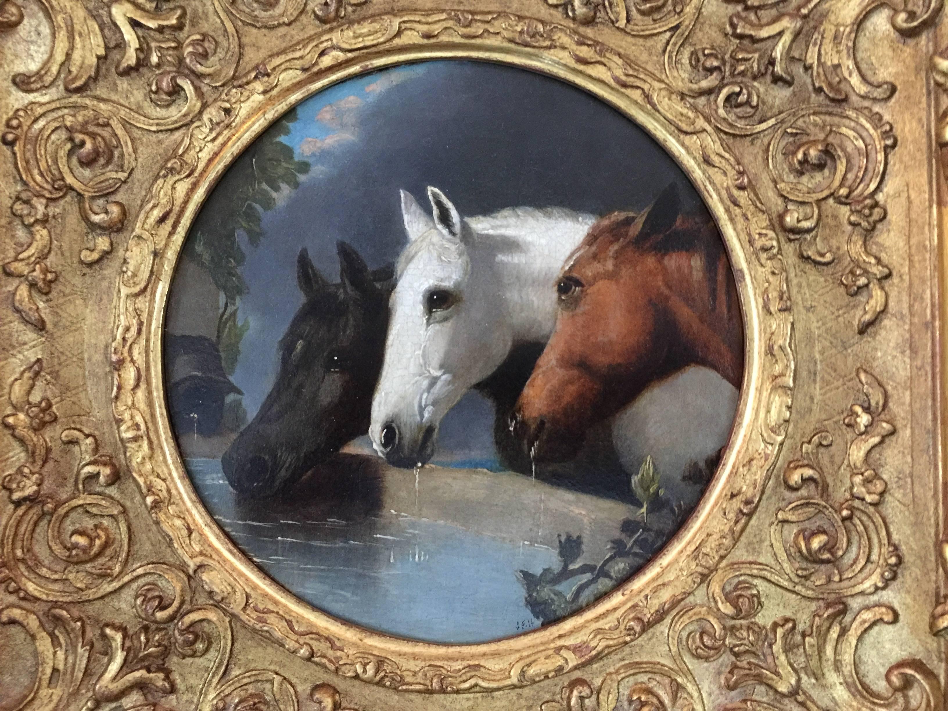 Three English Horse Heads in a stable - Painting by John Frederick Herring Jr.