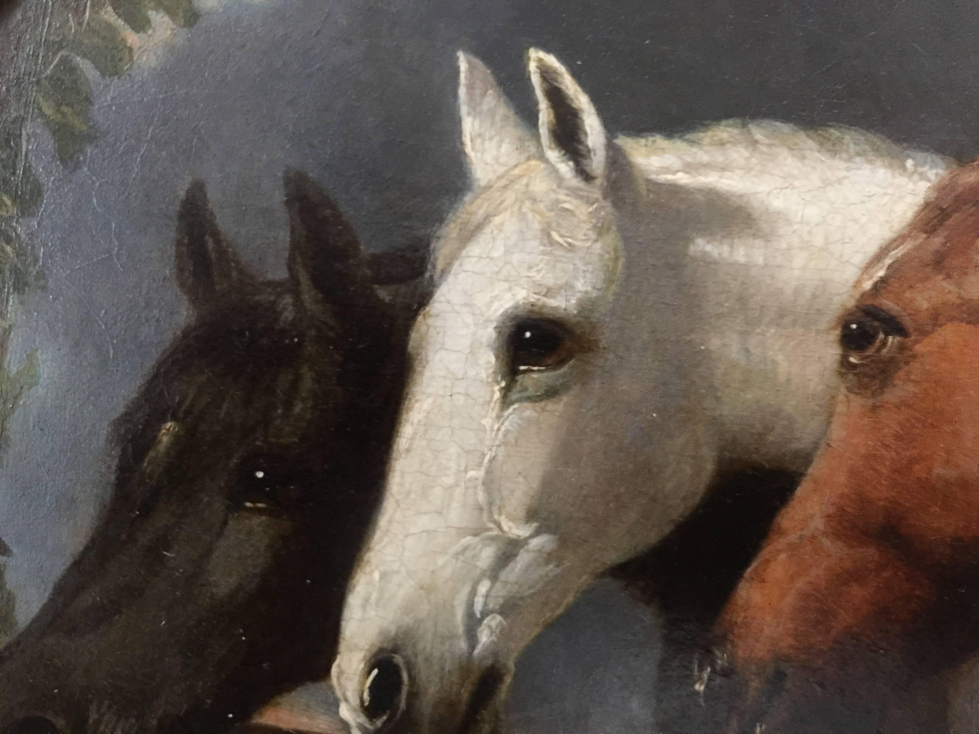Three English Horse Heads in a stable - Victorian Painting by John Frederick Herring Jr.