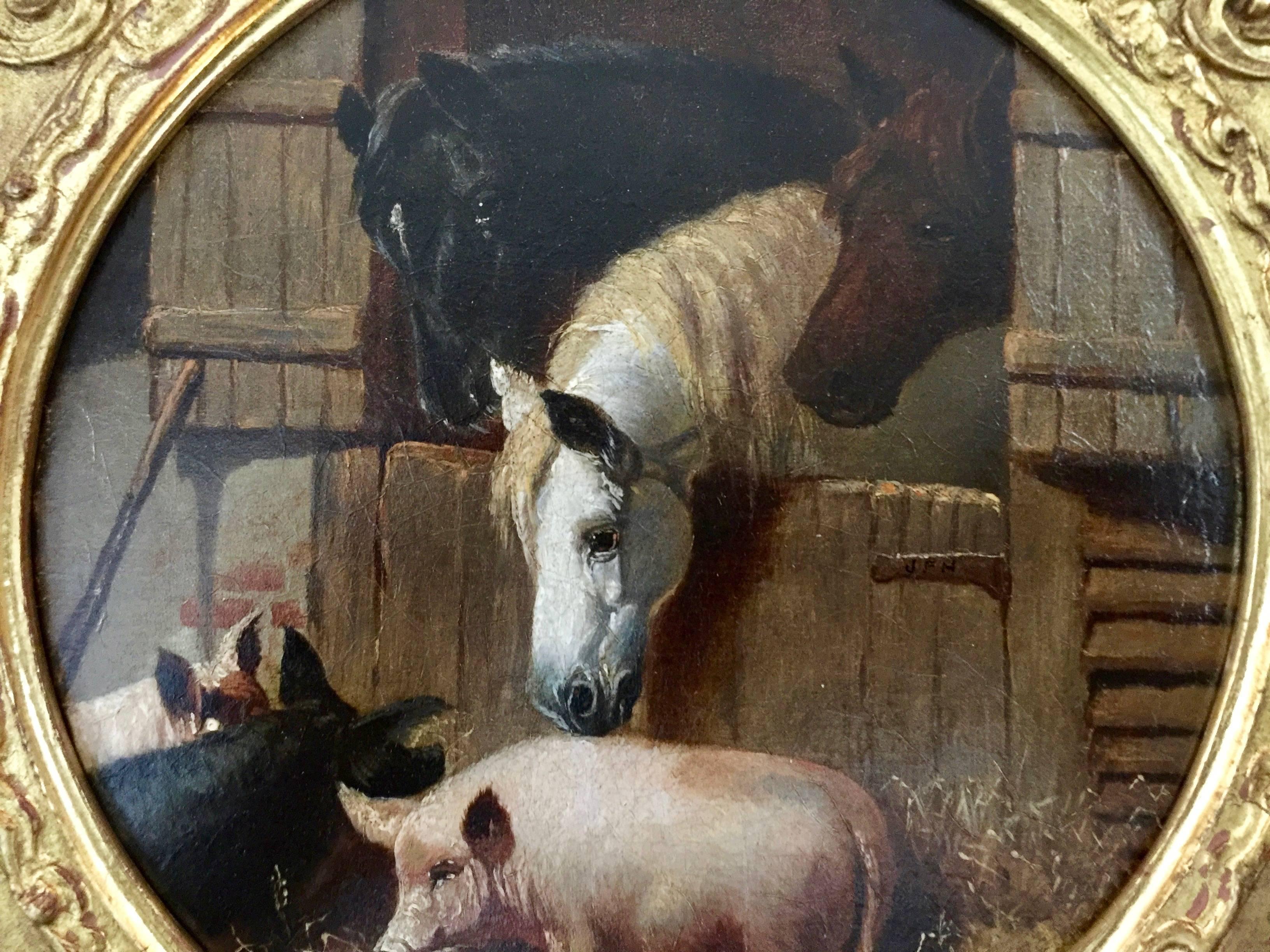 Pigs and horses in an English stable barn yard - Painting by John Frederick Herring Jr.