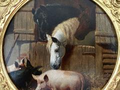 Pigs and horses in an English stable barn yard