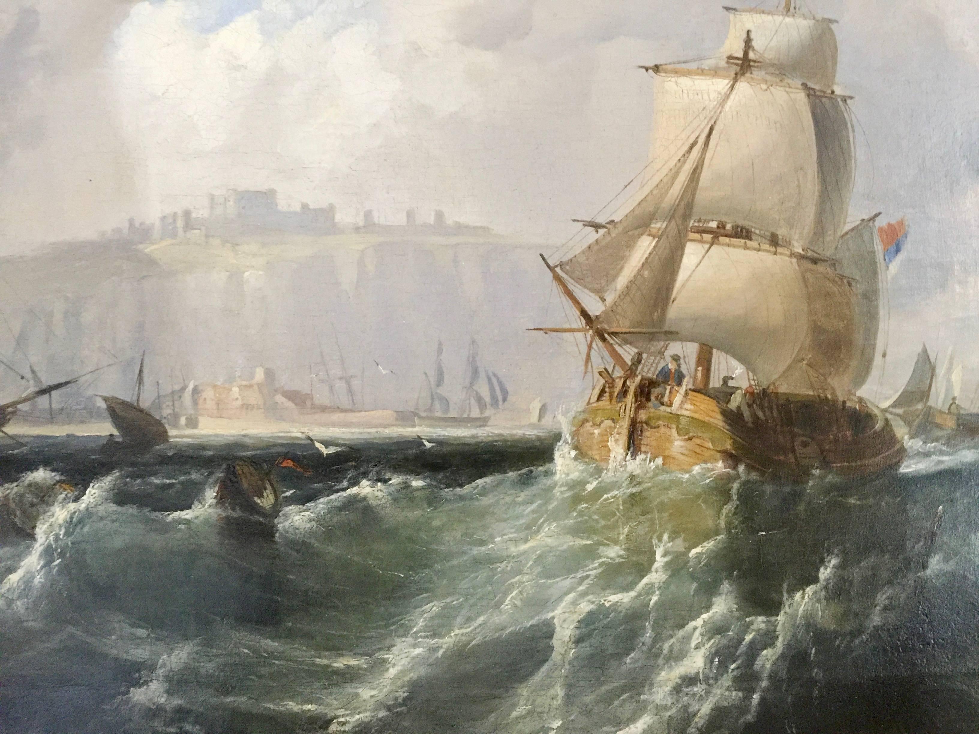 Scottish shipping scene with rough seas off a coastline. - Painting by John Wilson Ewbank