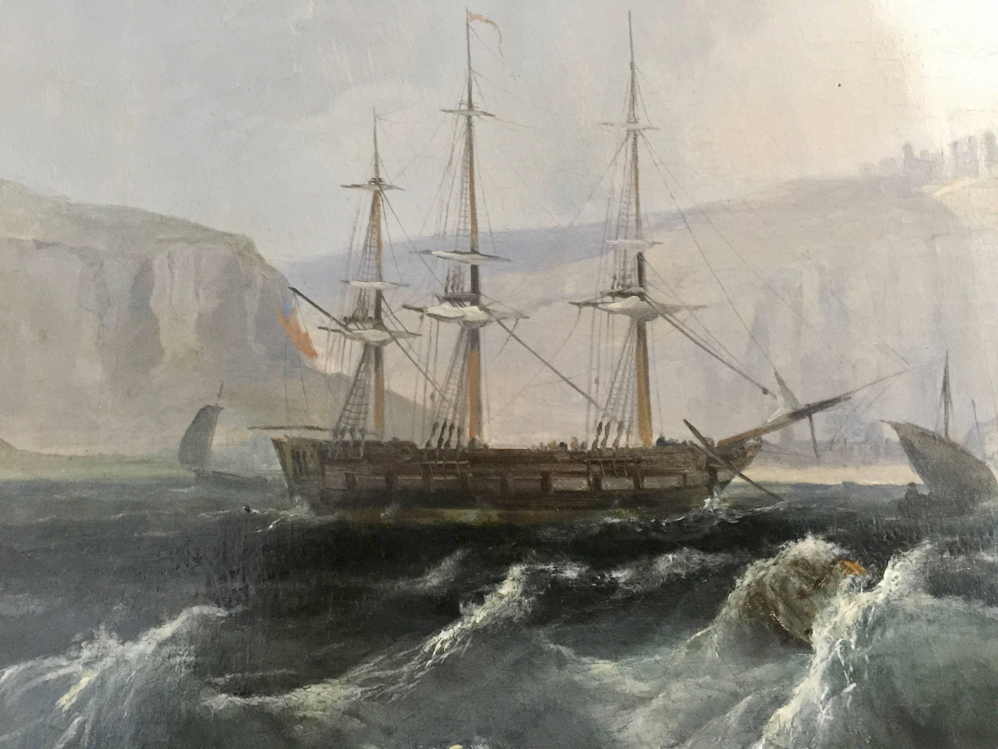 Scottish shipping scene with rough seas off a coastline. - Victorian Painting by John Wilson Ewbank