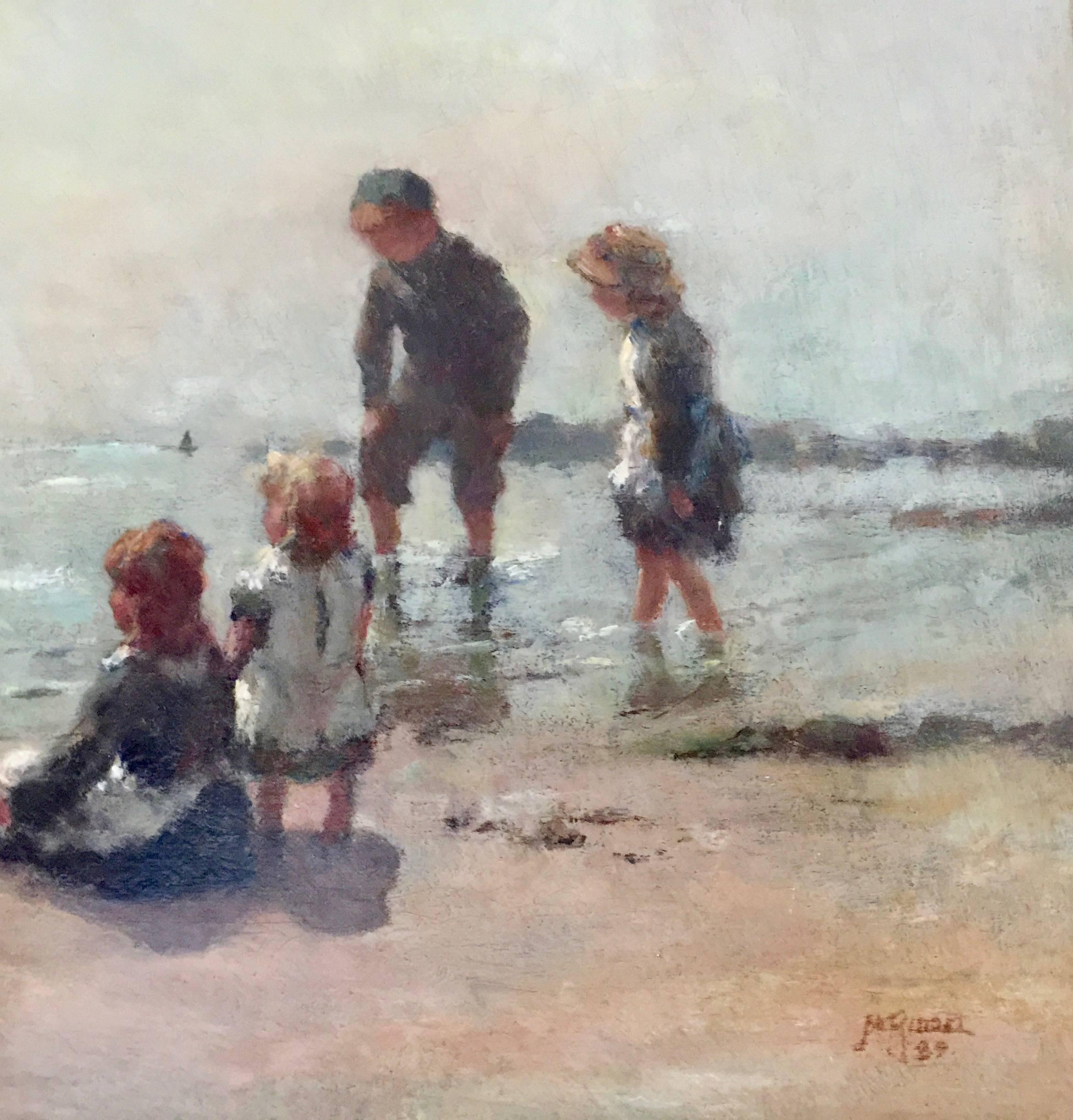 Young Scottish Children Playing by the Sea Shore - Painting by James Alick Riddel
