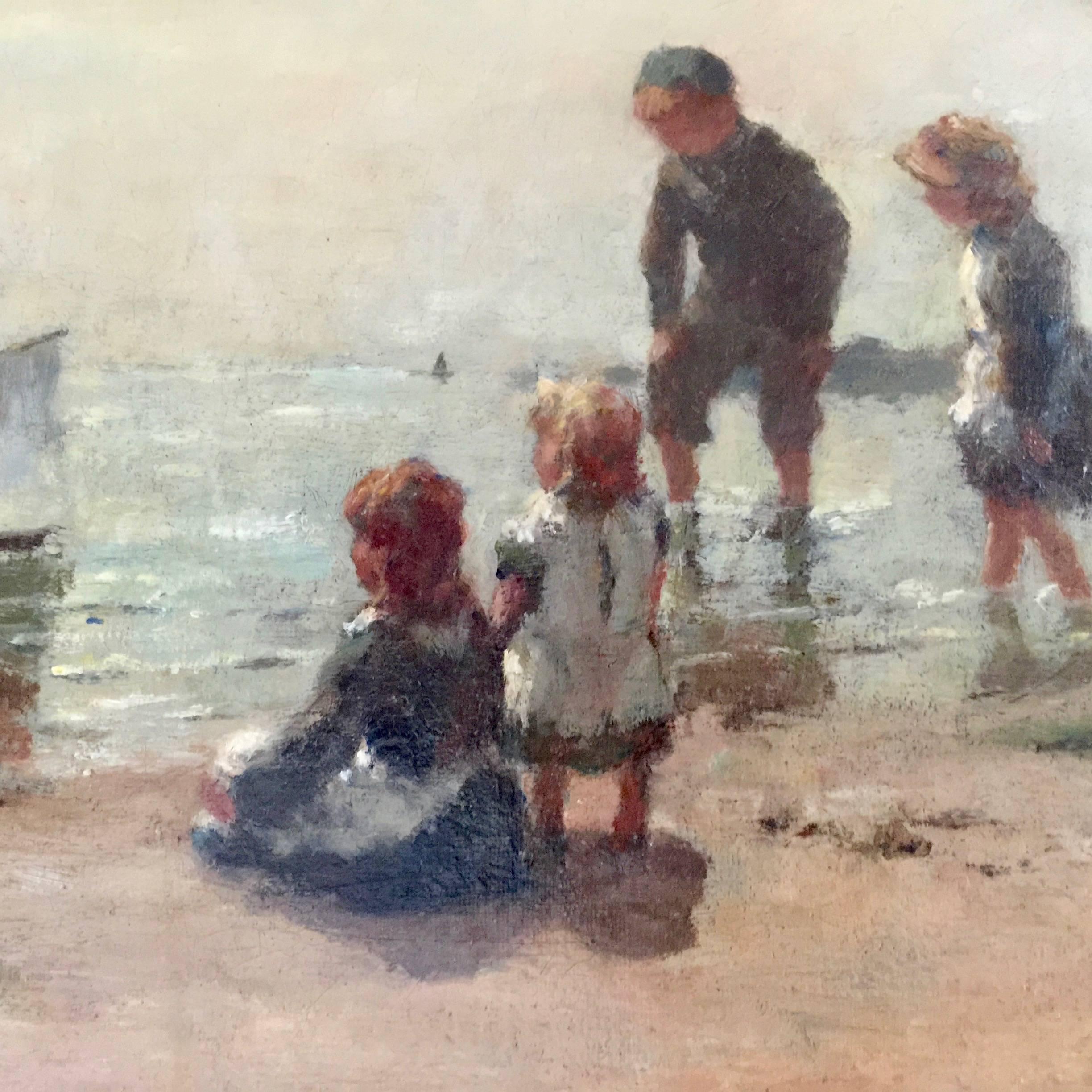 Young Scottish Children Playing by the Sea Shore - Impressionist Painting by James Alick Riddel