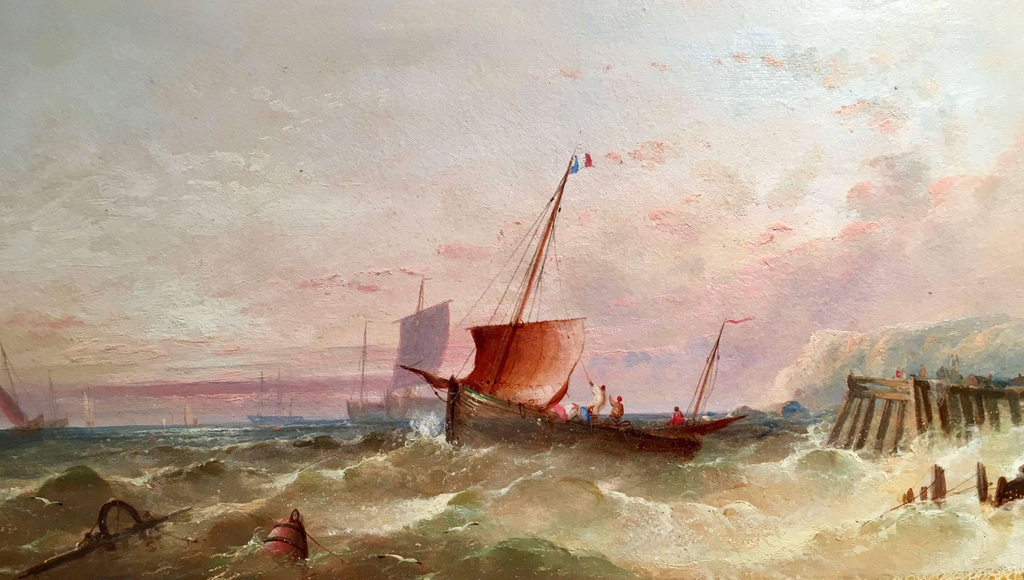 English fishing vessels in a Rough Sea - Painting by William Henry Williamson
