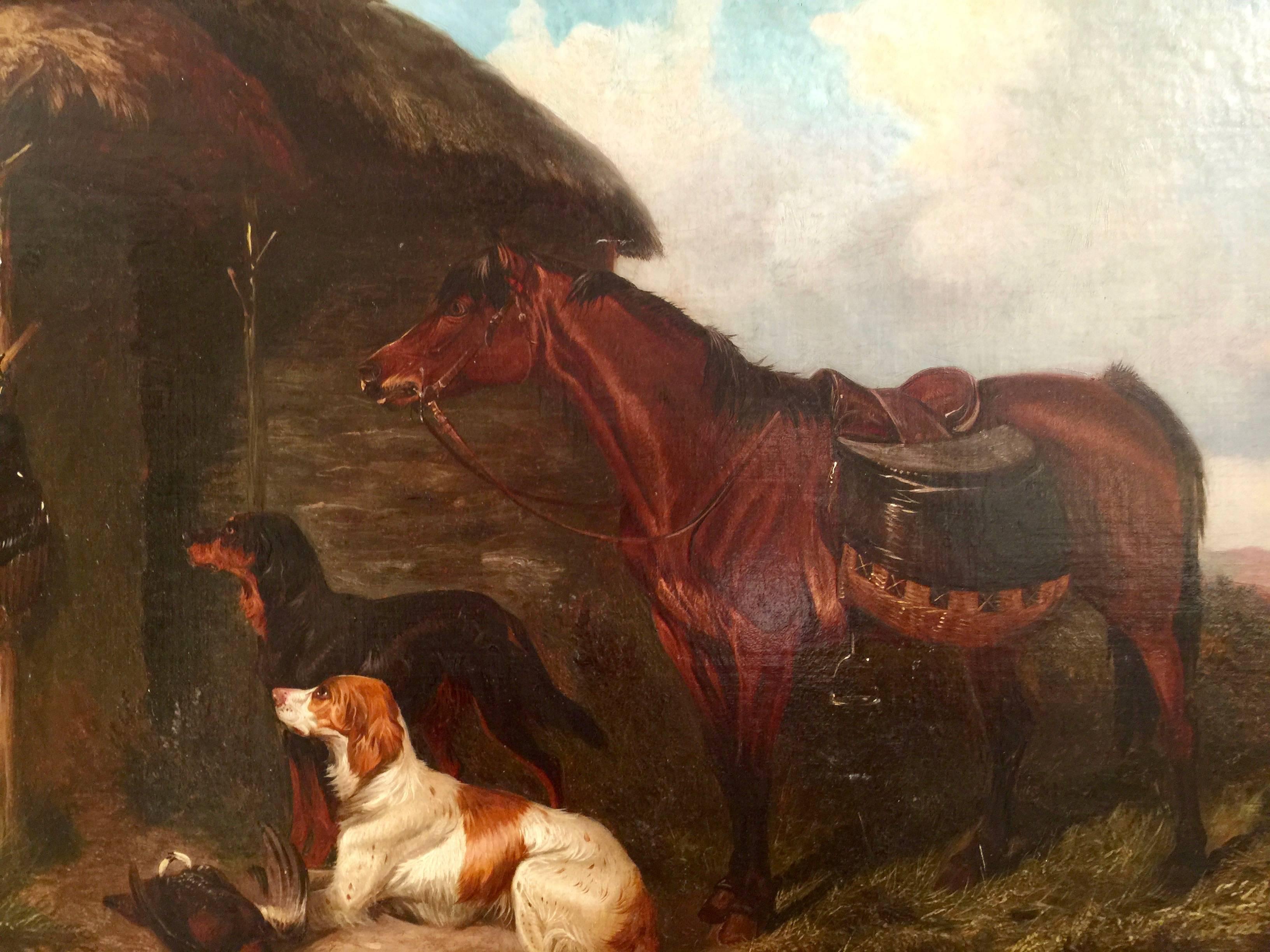 English setters and Highland Horse outside a Cottage - Painting by Colin Graeme Roe