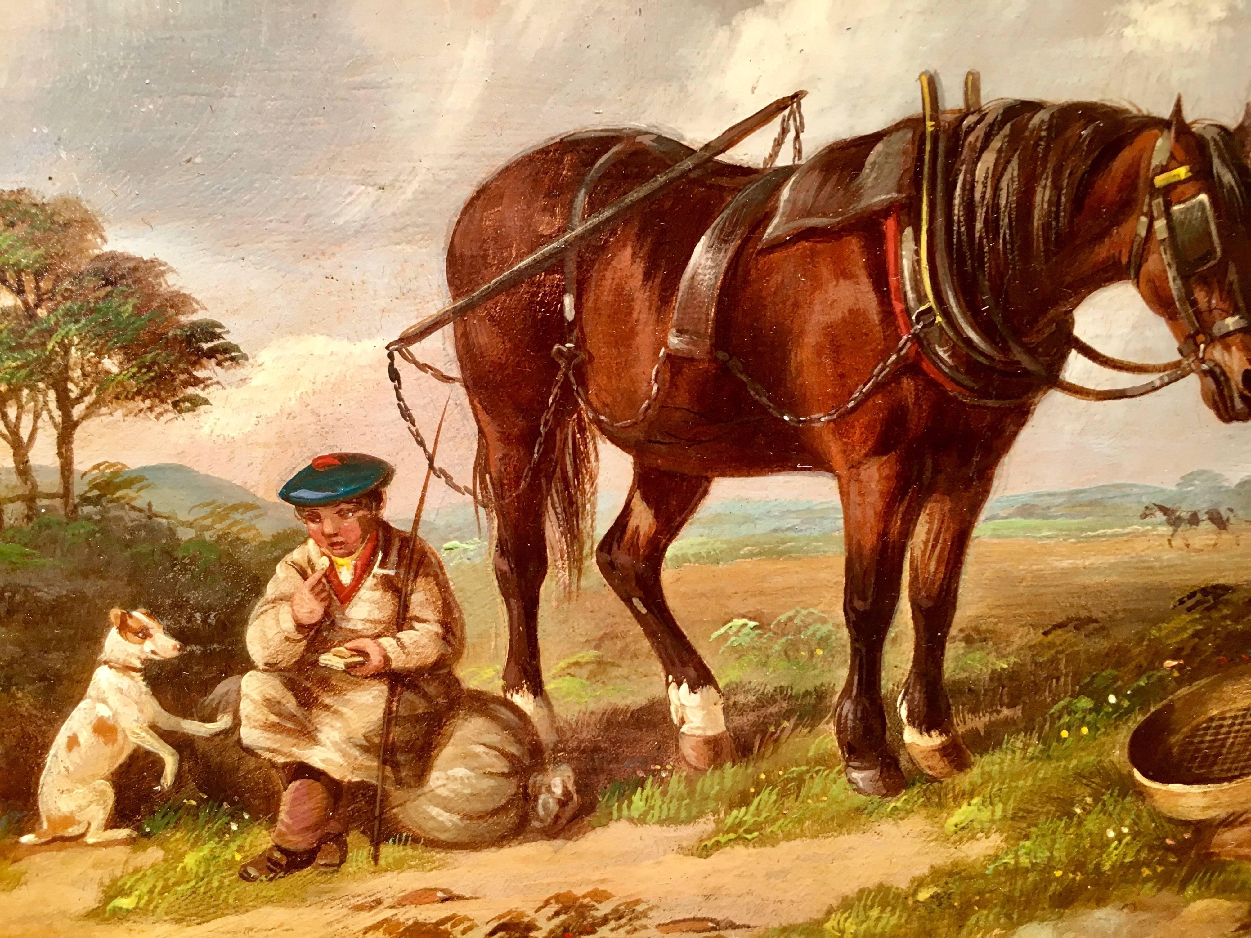 English Huntsman with pony, Jack Russell resting after a days work. - Painting by Henry S. Cottrell