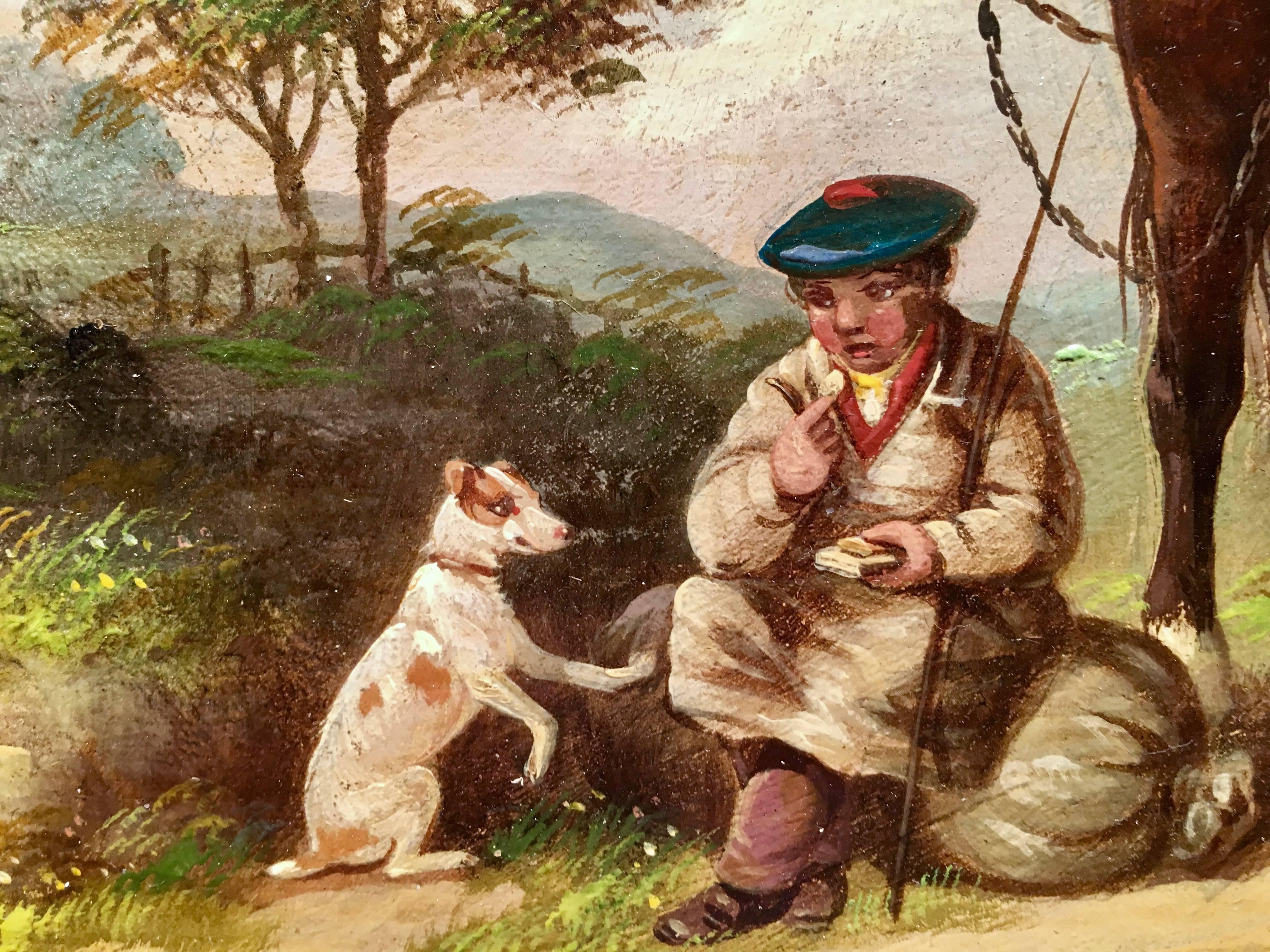 English Huntsman with pony, Jack Russell resting after a days work. - Victorian Painting by Henry S. Cottrell