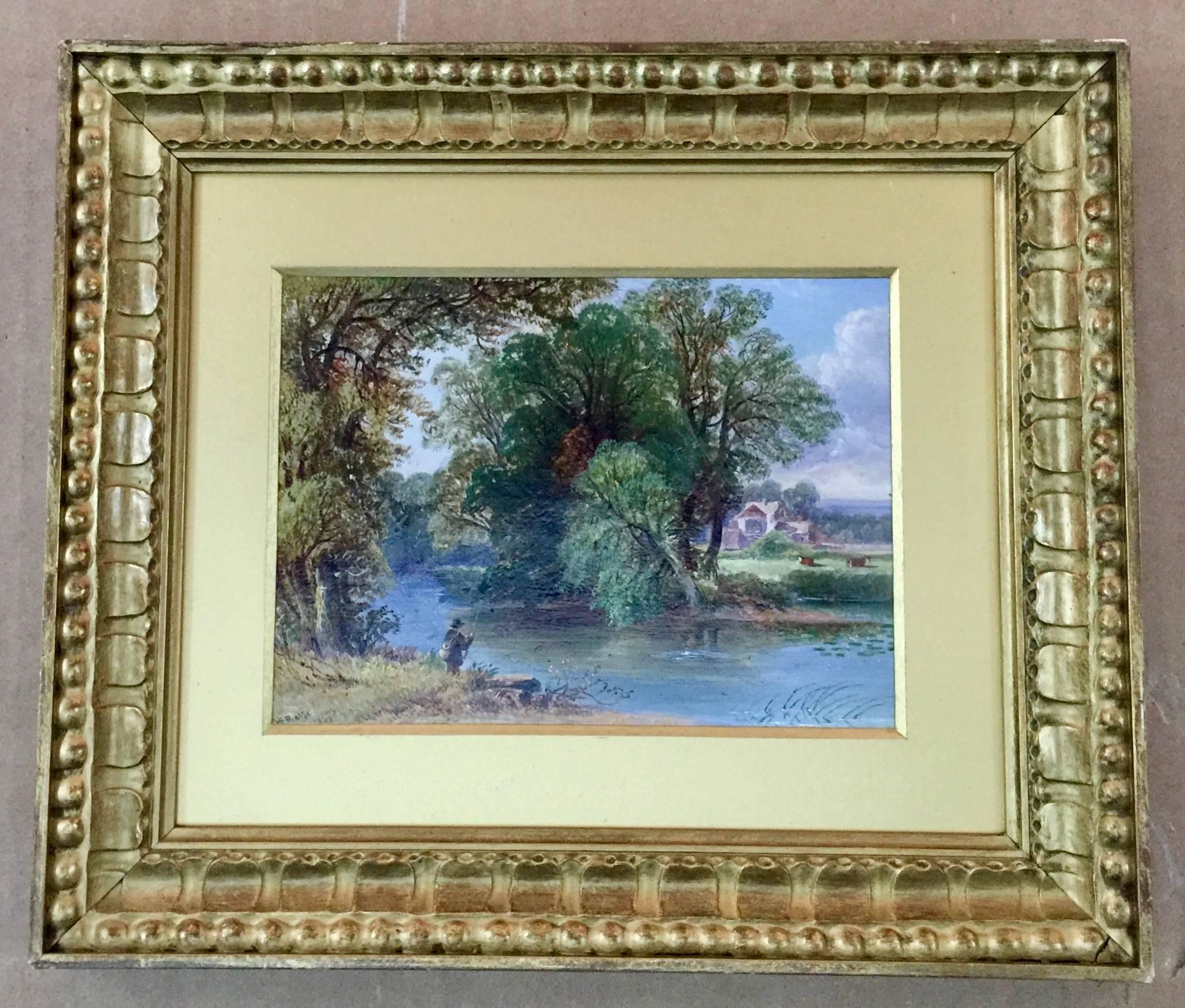 Extensive English River landscape with fisherman fishing - Painting by Alexandria Frederick Rolfe