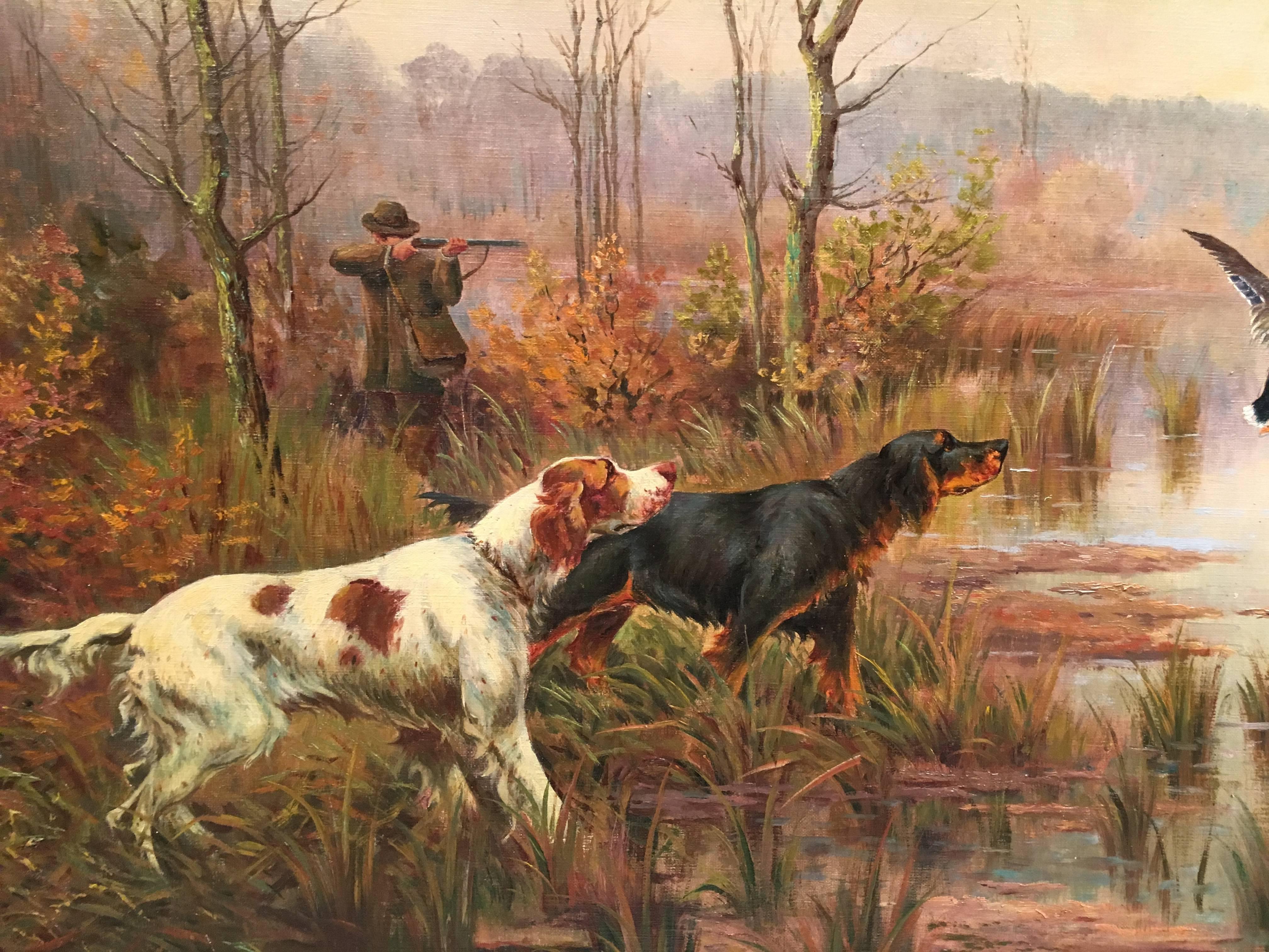 French scene of Setters flushing a Duck with the Huntsman taking aim. - Painting by B. Roussel
