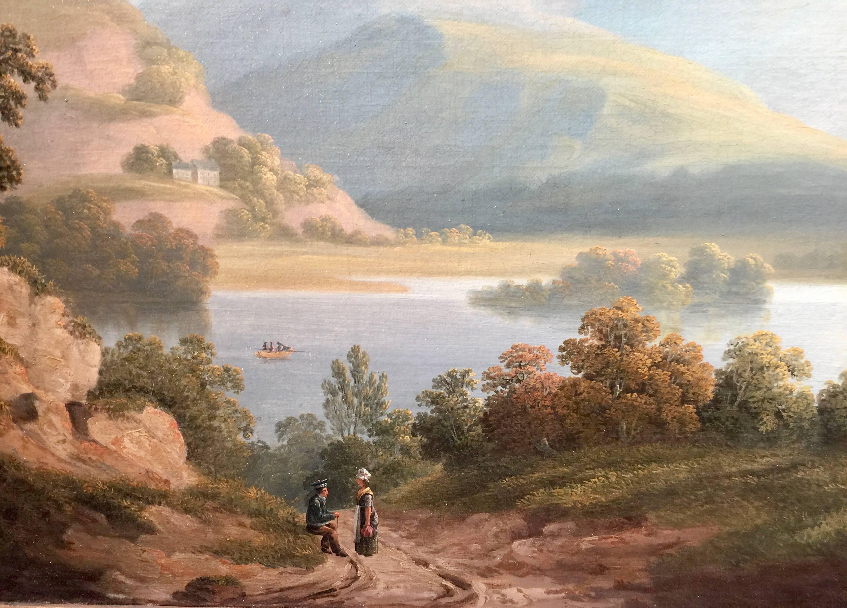 English lake scene with cattle and Figure on a pathway - Painting by Joseph Francis Gilbert