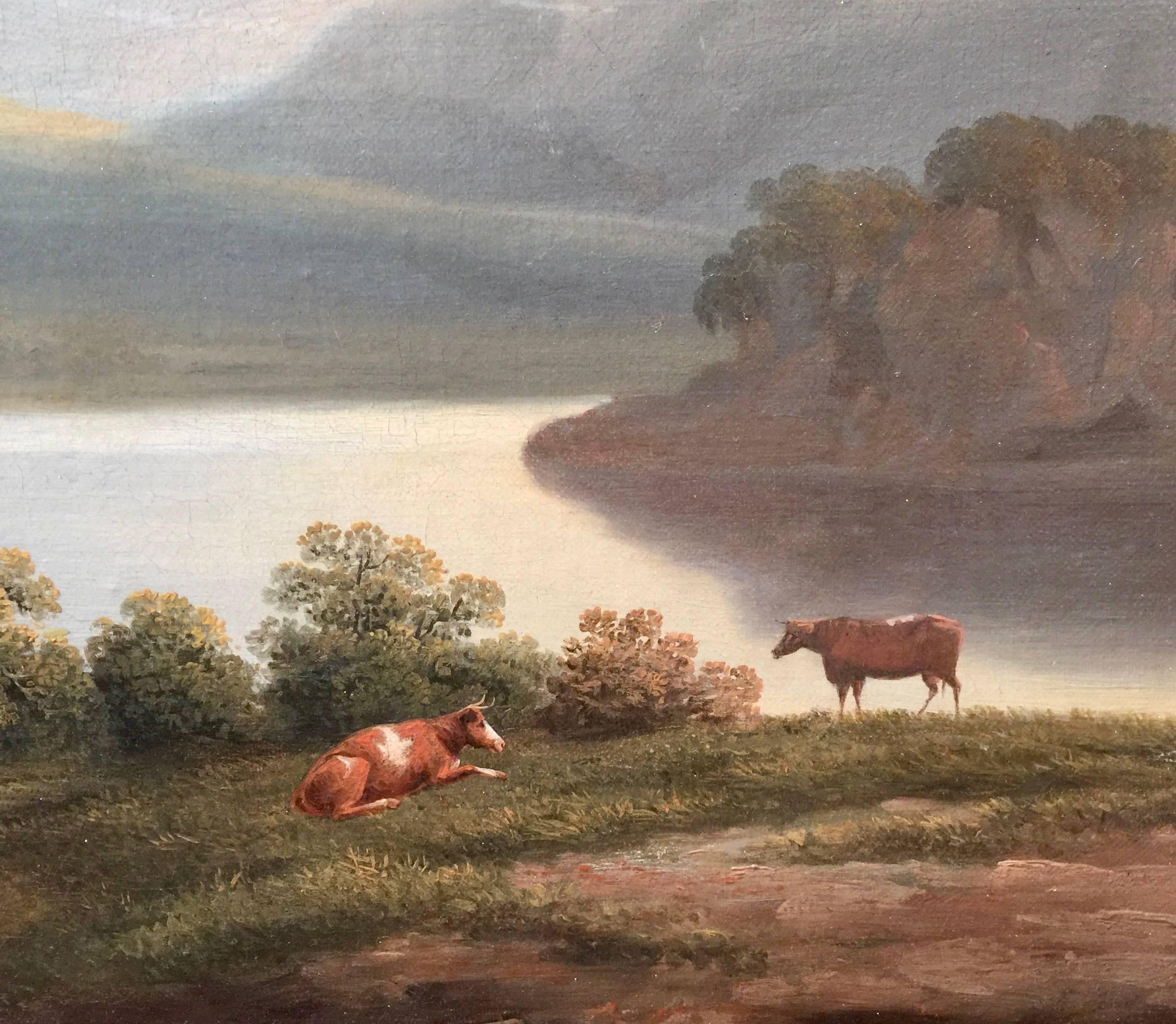 English lake scene with cattle and Figure on a pathway - Brown Landscape Painting by Joseph Francis Gilbert