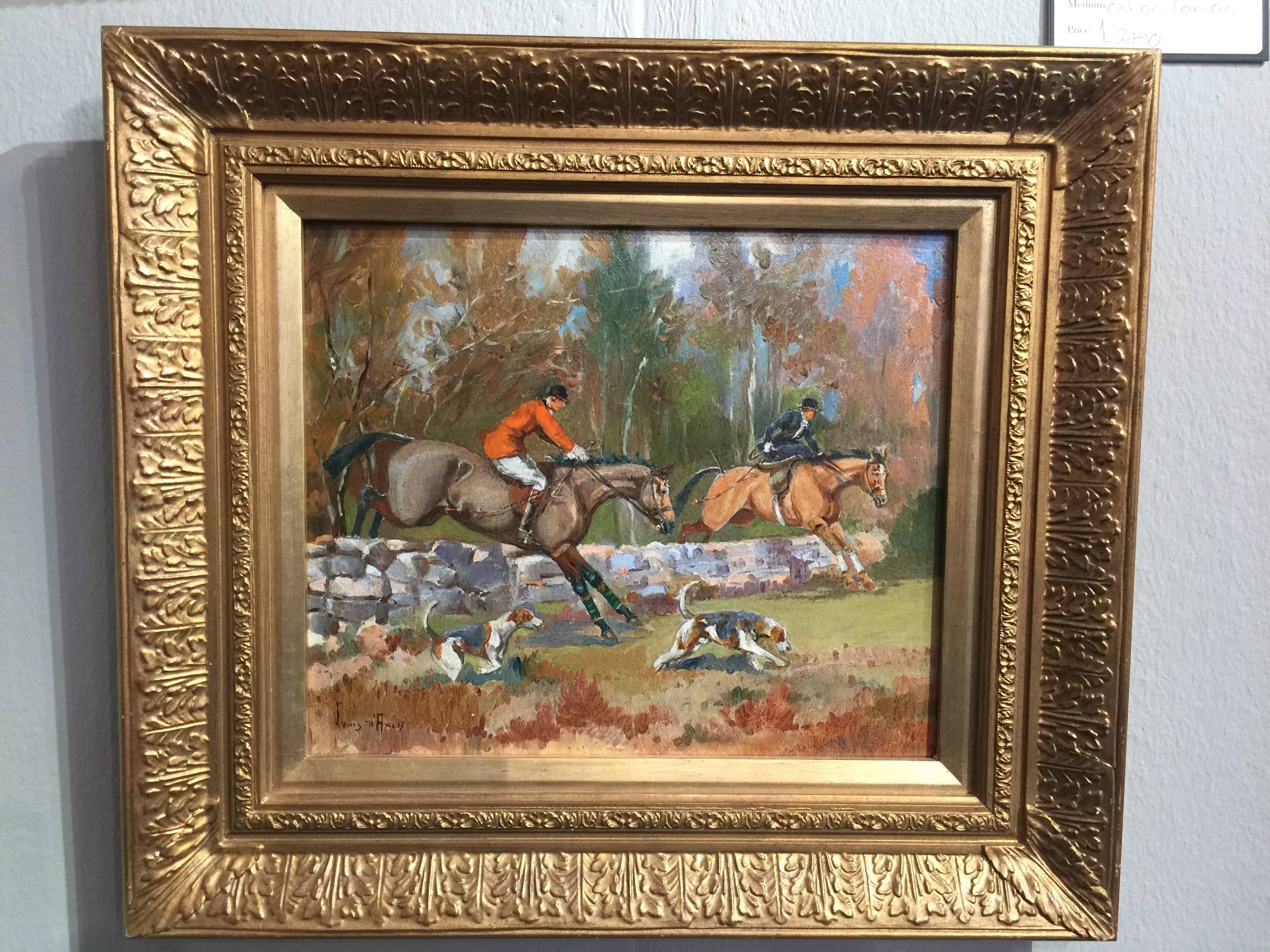 Louis a'Axi Animal Painting - French Fox Hunting scene with horses and fox hounds going over a jump.