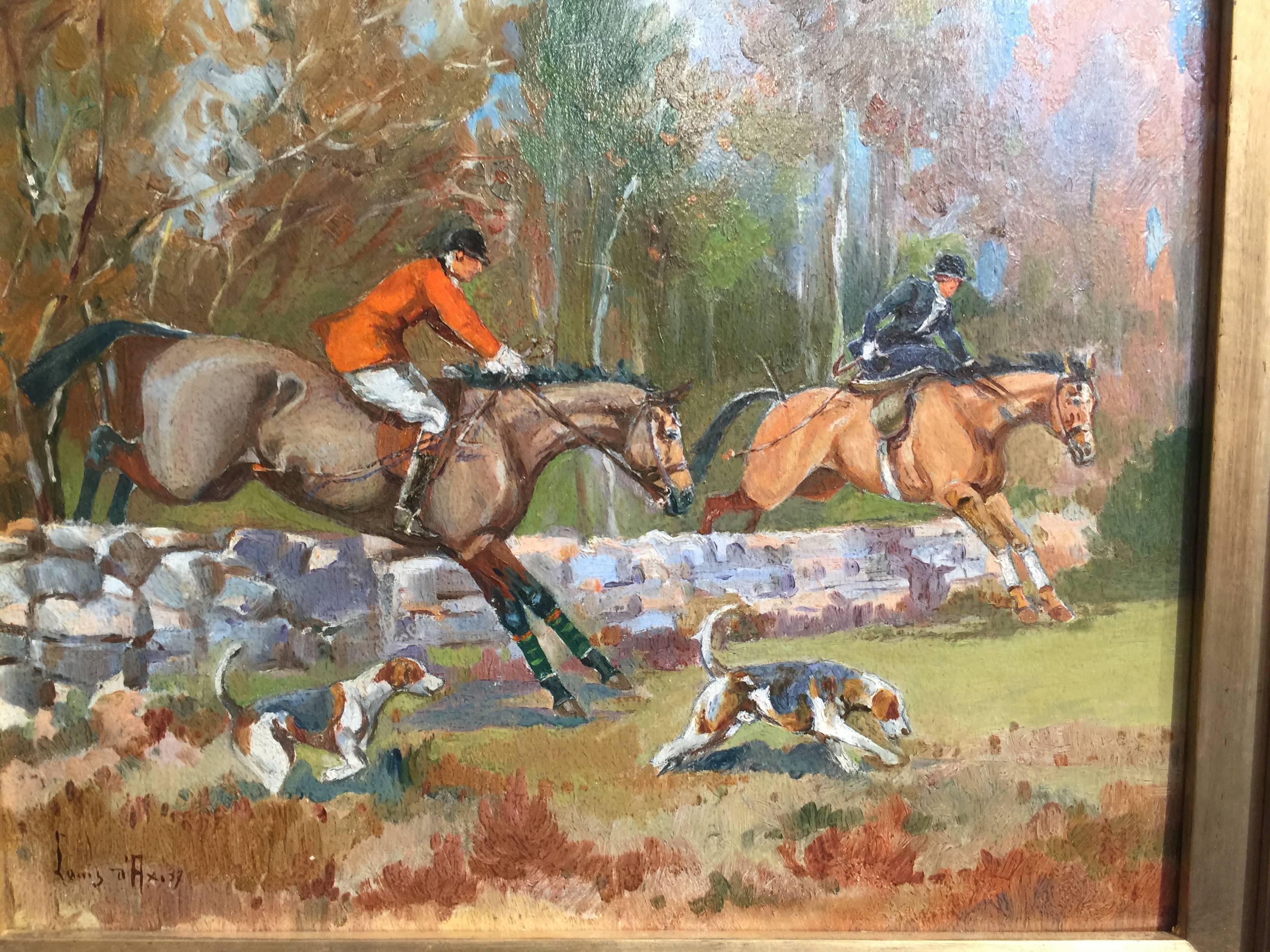 French Fox Hunting scene with horses and fox hounds going over a jump. - Painting by Louis a'Axi