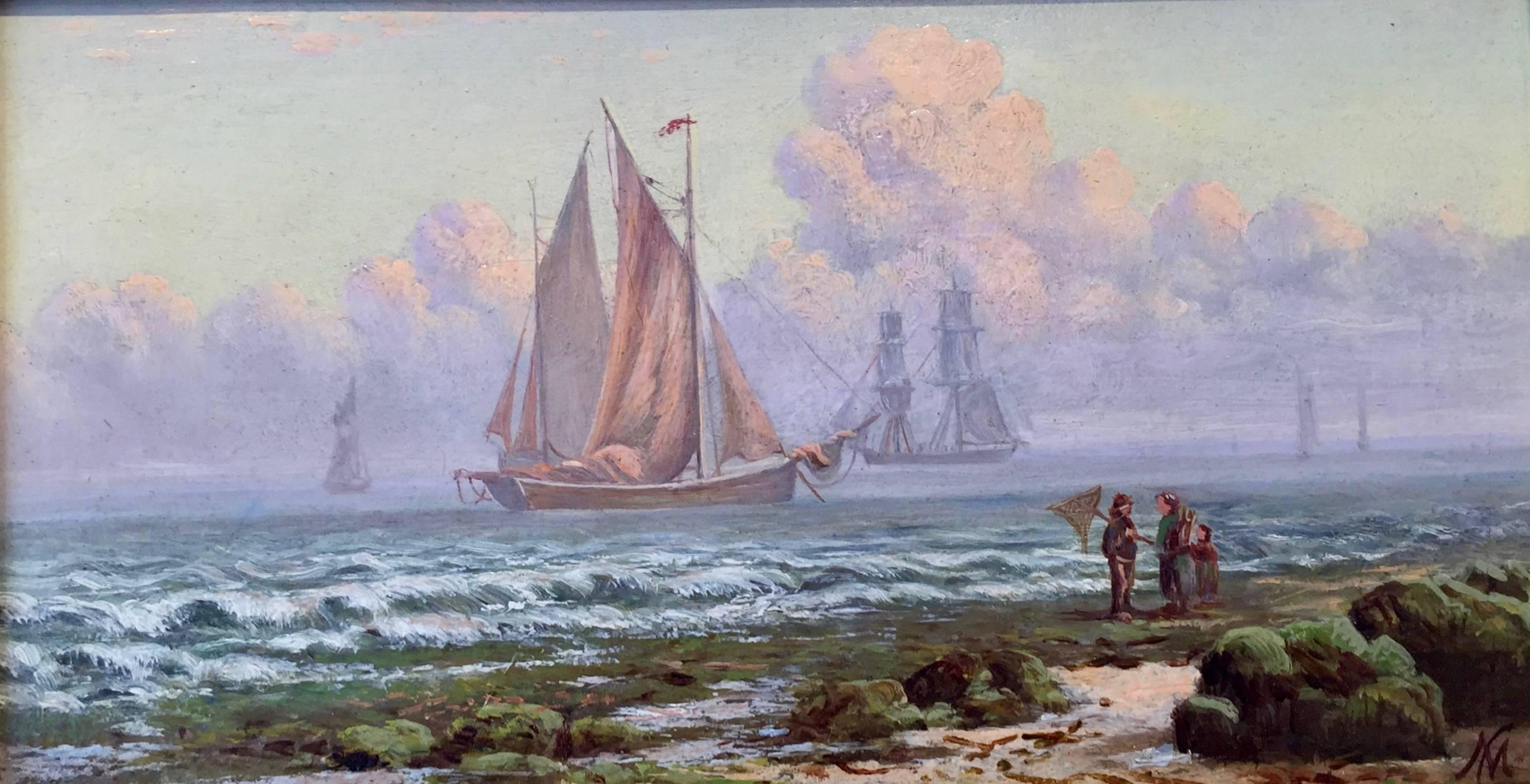 19th century English ship by the shore in the late afternoon Sun - Painting by Michael Cambell