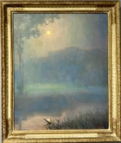 Early 20th century American Tonalist River Landscape with sun or Moon