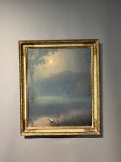 Early 20th century American Tonalist River Landscape with sun or Moon