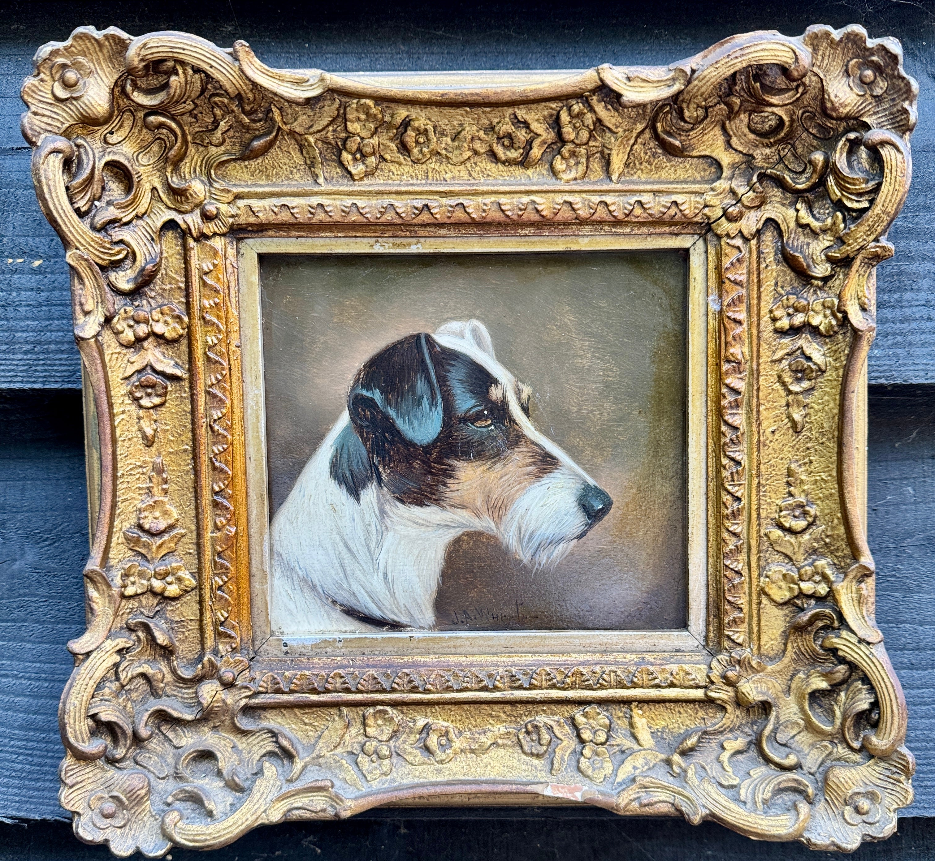 John Anthony Wheeler Animal Painting - 19th century English Portrait of a Black, White and Tan Jack Russell Terrier