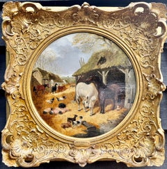 19thC English Farmyard with Horses , Pigs, goats with a barn in a landscape
