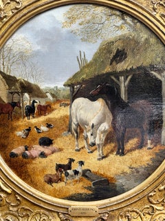 19thC English Farmyard with Horses , Pigs, goats with a barn in a landscape