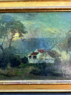 Early 20th century French Moonlight landscape with cottage