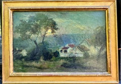 Early 20th century French Moonlight landscape with cottage