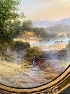 19th century English Landscape, Man on horse, on path by lake with Cottage