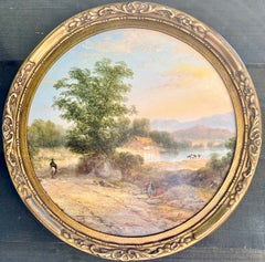 Paysage anglais du XIXe siècle : homme à cheval sur un sentier au bord d'un lac, avec une petite maison de campagne