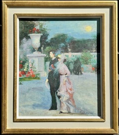Spanish 20th century Impressionist, Courting couple walking in a Park at Dusk