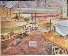 English Impressionist early 20th century, The Boat builders workshop landscape