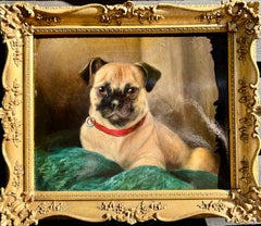 19th century English portrait of a Pug dog or Puppy on a green cushion