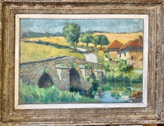 Mid 20th century French Impressionist landscape, with bridge, cottage or farm