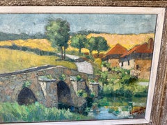Mid 20th century French Impressionist landscape, with bridge, cottage or farm
