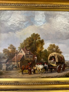 19th century figures by a Pub with horses, carts in a landscape