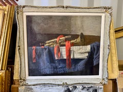 Impressionist still life of a Trumpet, red Ribbon, table top with blue blanket