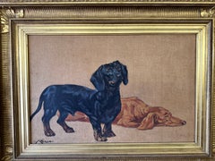 Rouge & Noir Portrait of Two Dachshunds dogs mid century, English artist