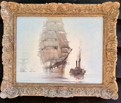 English Realist Sailing Ship Being Towed into Harbor