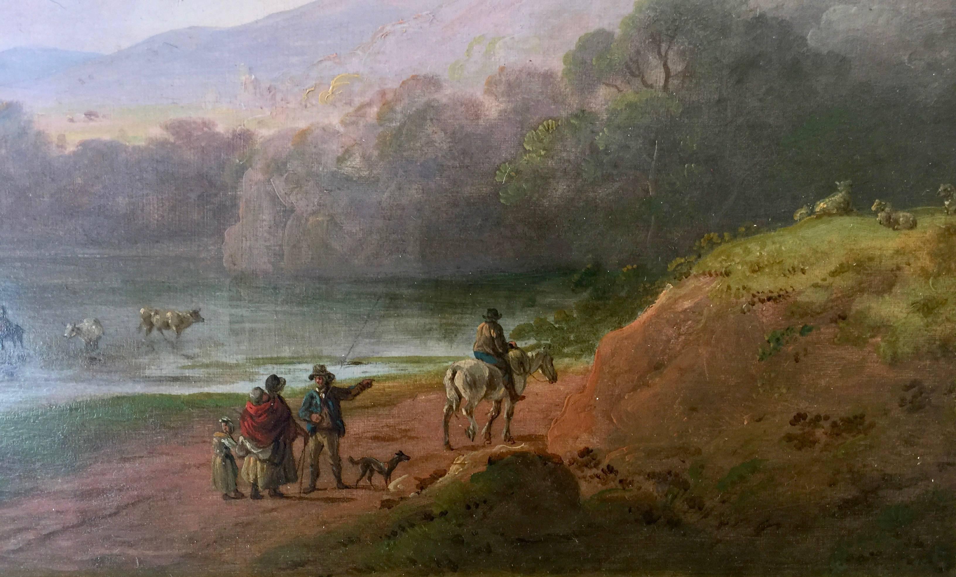 Antique 18C English landscape with figures on a pathway with horses and dogs - Painting by Julius Caesar ibbetson