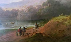 Antique 18C English landscape with figures on a pathway with horses and dogs