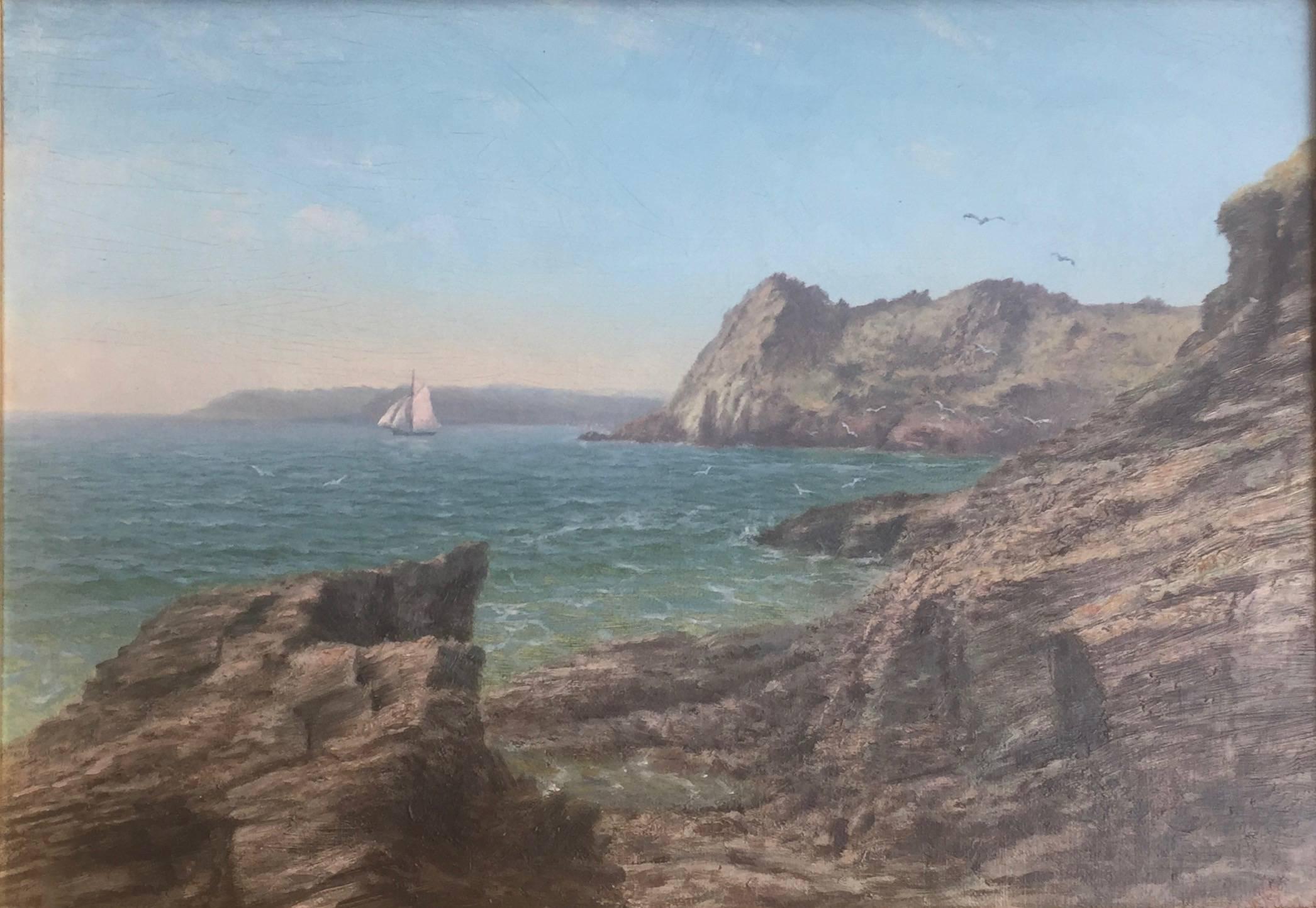 Victorian 19th century English shoreline scene in Cornwall, UK - Painting by Charles Ede