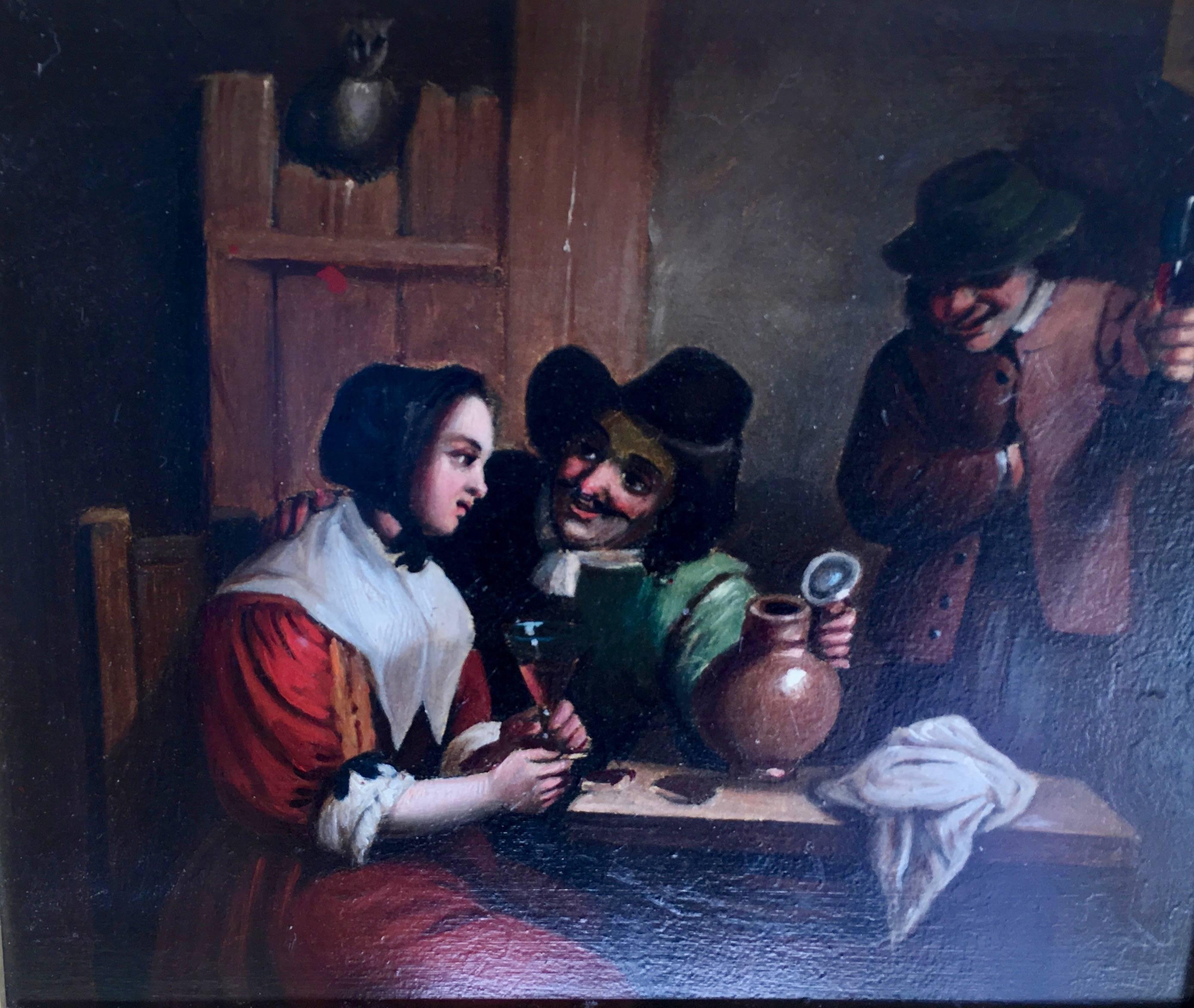 17th century style Dutch figures in an Inn drinking at a table - Painting by Unknown