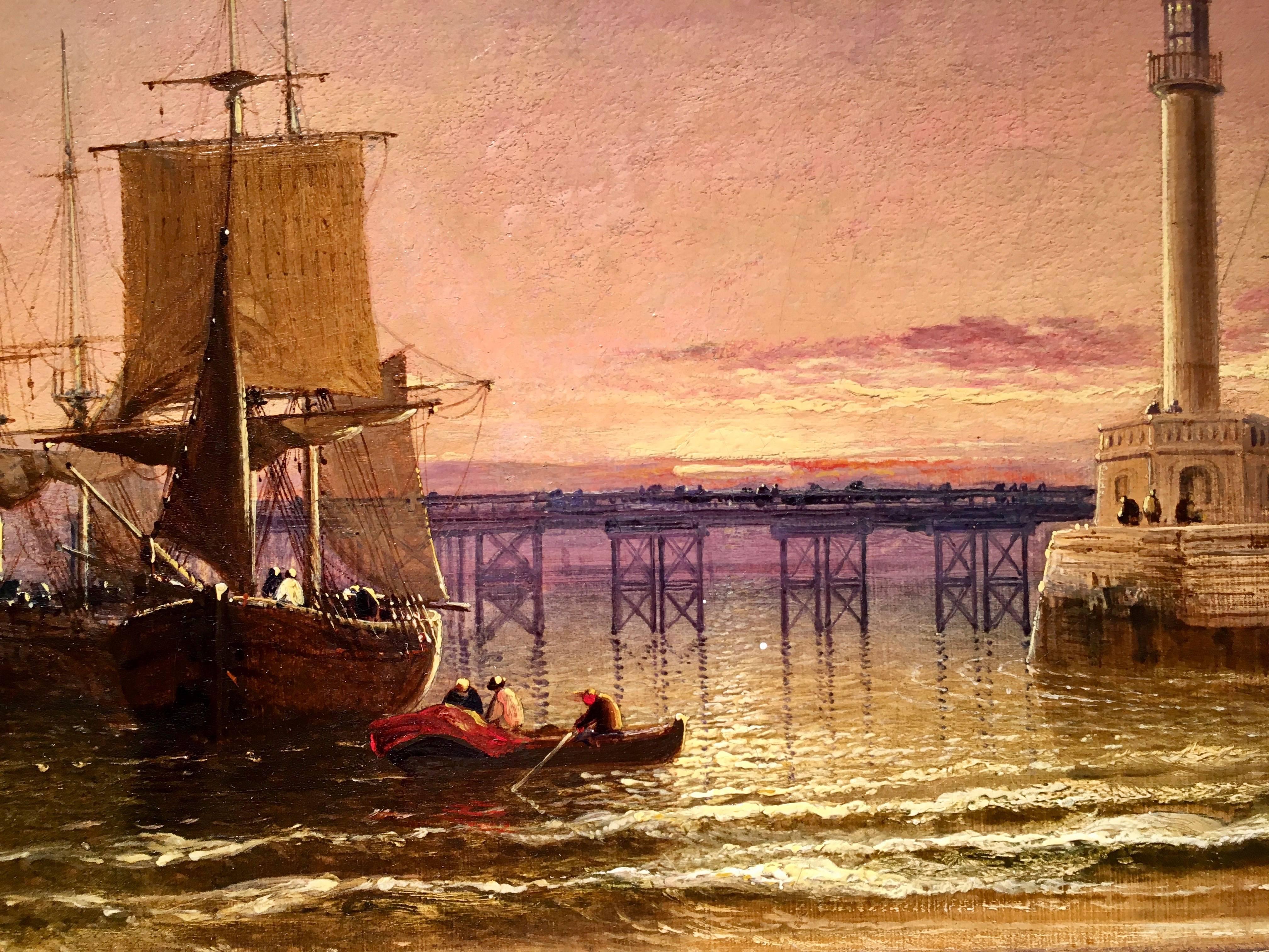 English fishing bots off a coast with a lighthouse and pier at Sunset - Painting by Arthur Joseph Meadows