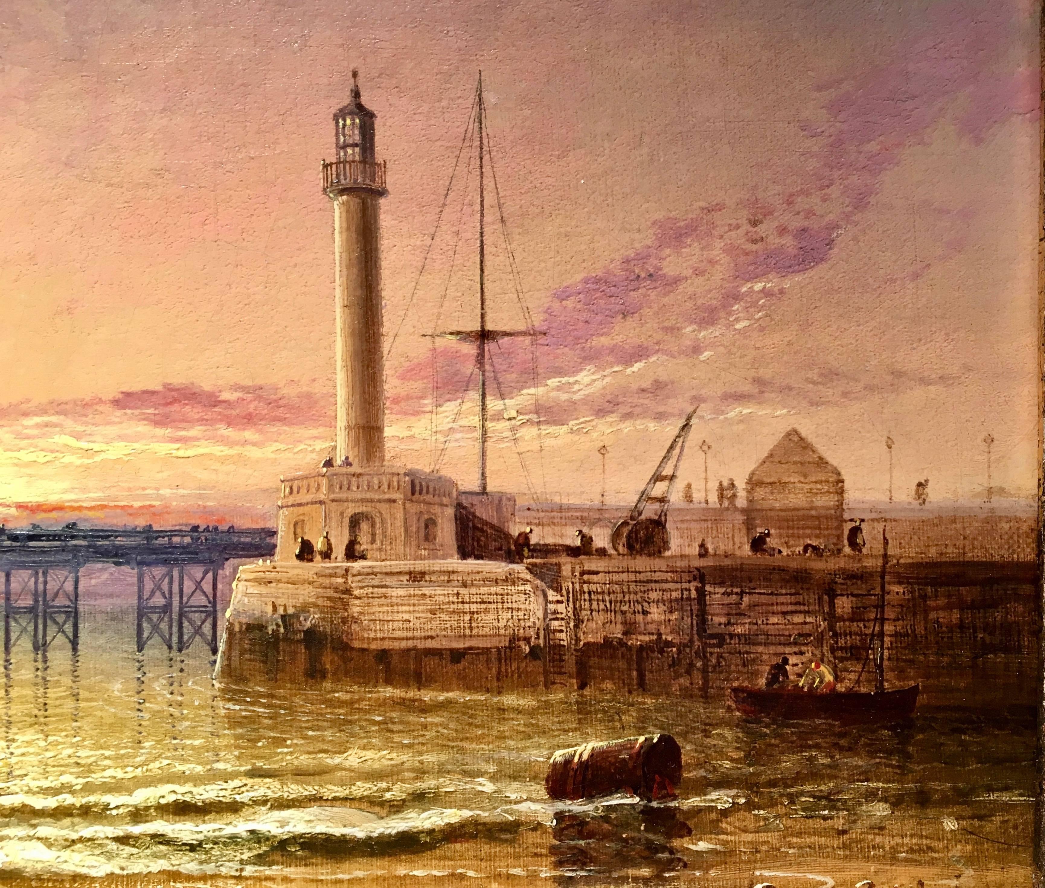 English fishing bots off a coast with a lighthouse and pier at Sunset - Victorian Painting by Arthur Joseph Meadows
